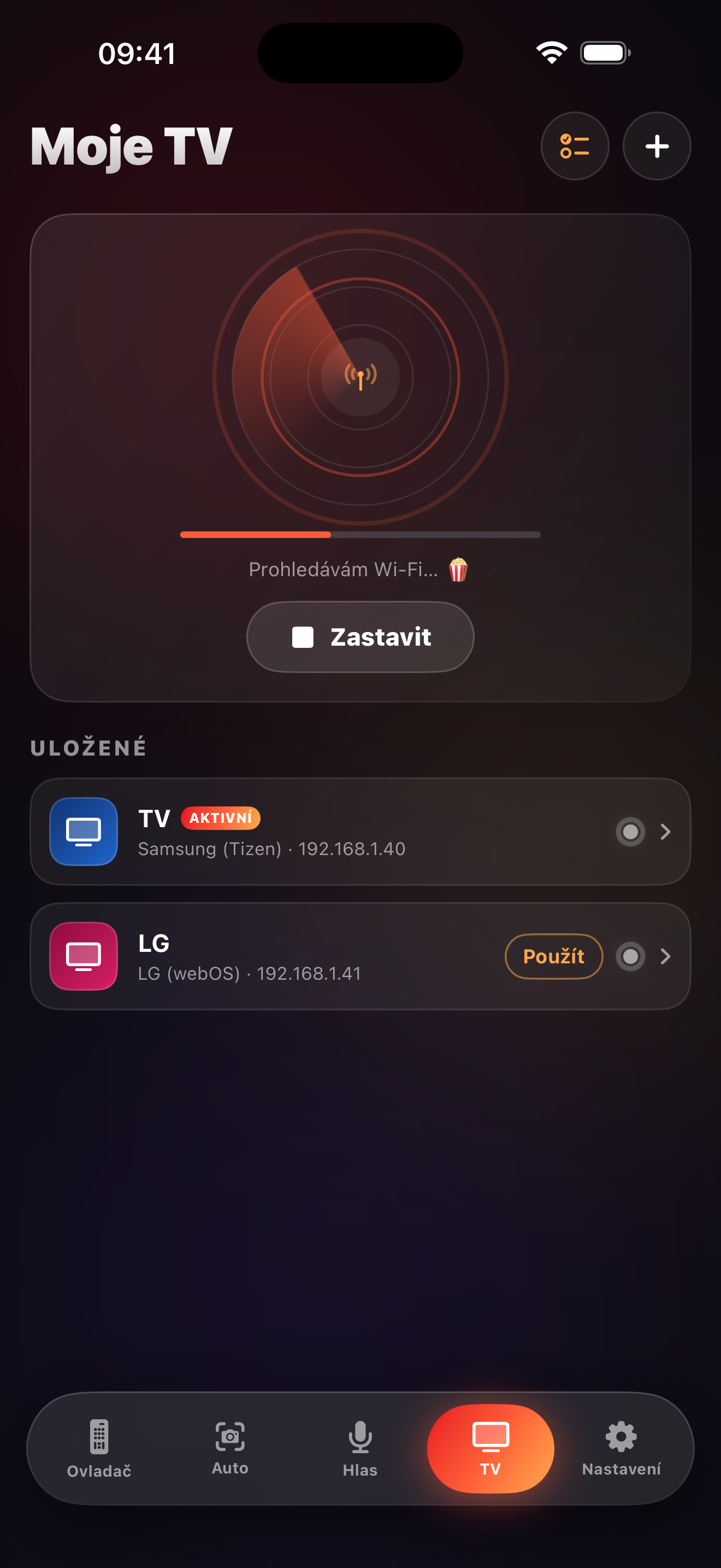 Obrazovka vyhledávání televizí v LazyBinger