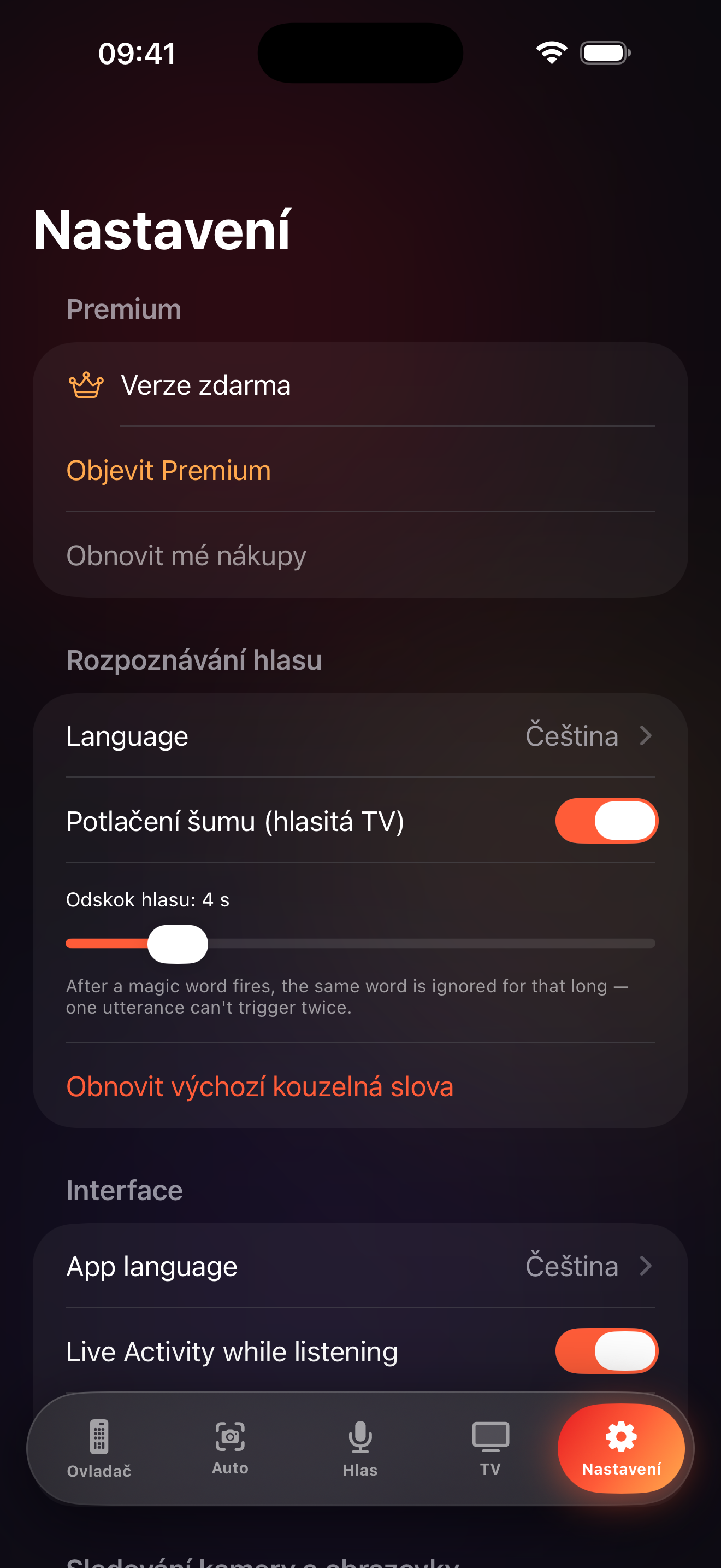 Obrazovka nastavení LazyBinger