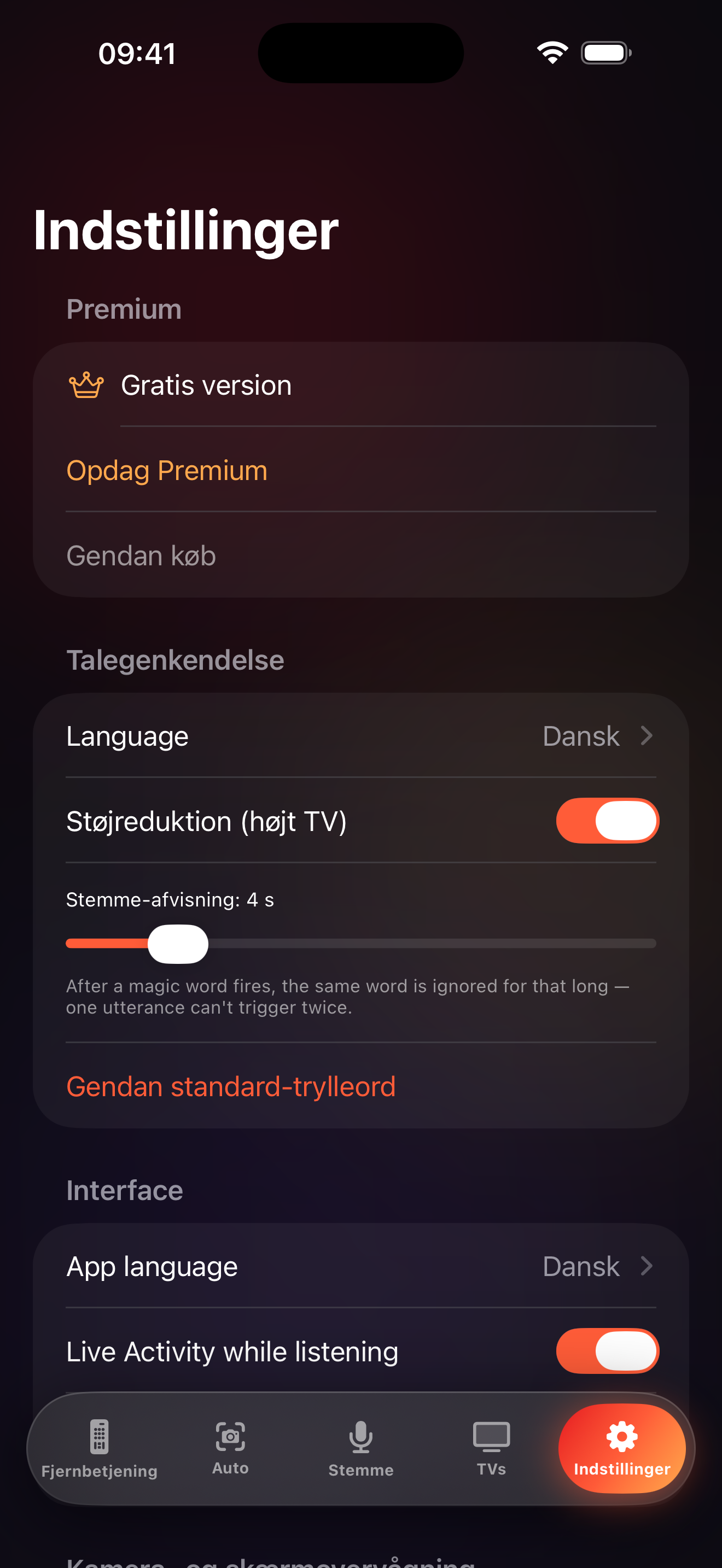 LazyBinger indstillingsskærm