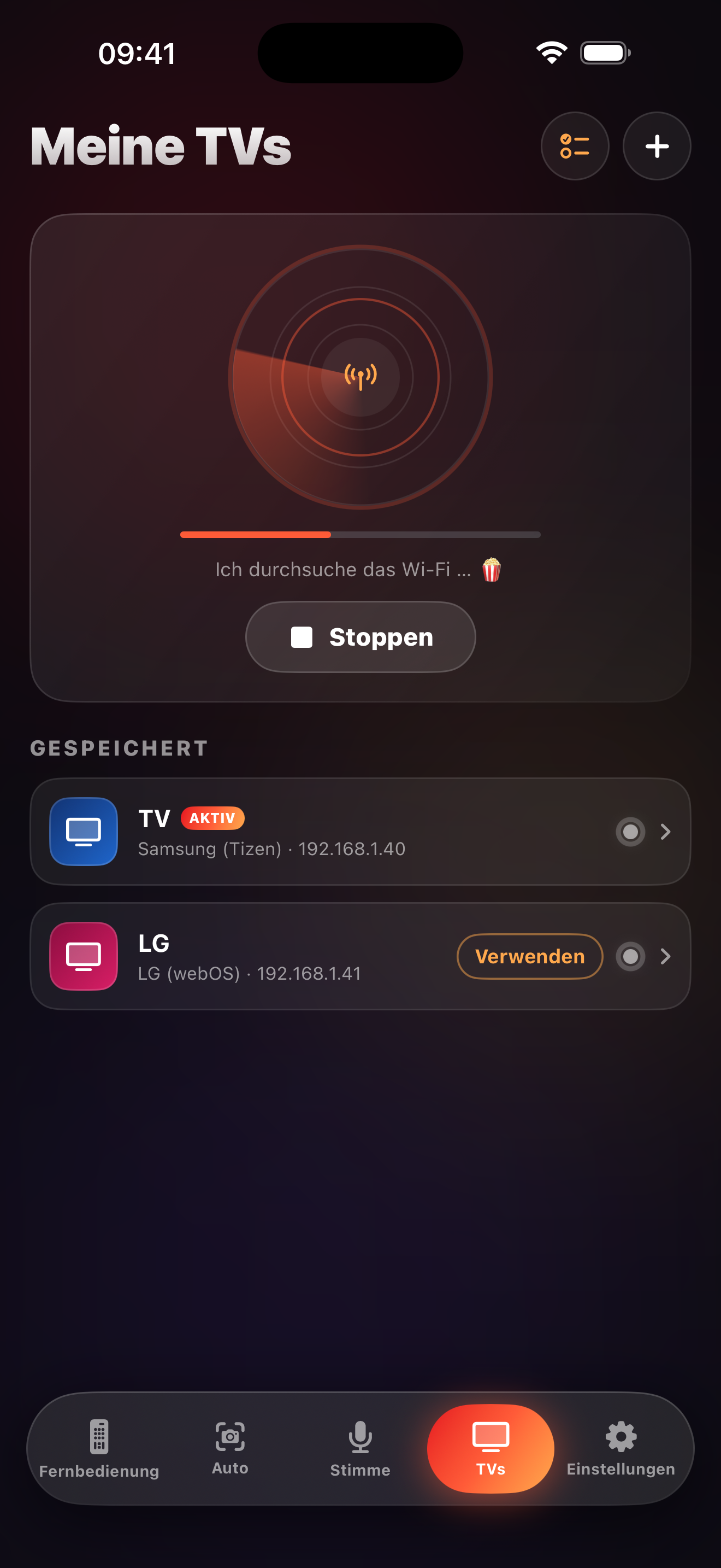 LazyBinger-Bildschirm zur TV-Erkennung