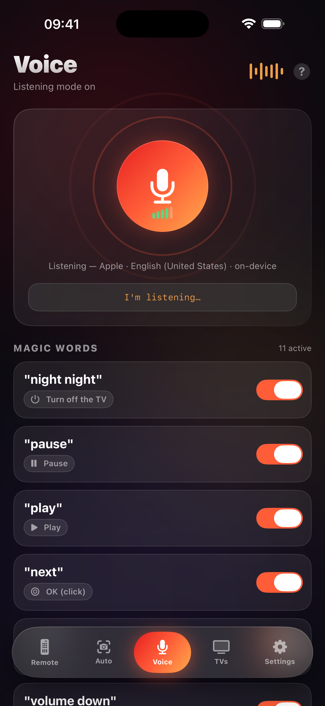 LazyBinger voice mode screen with magic words