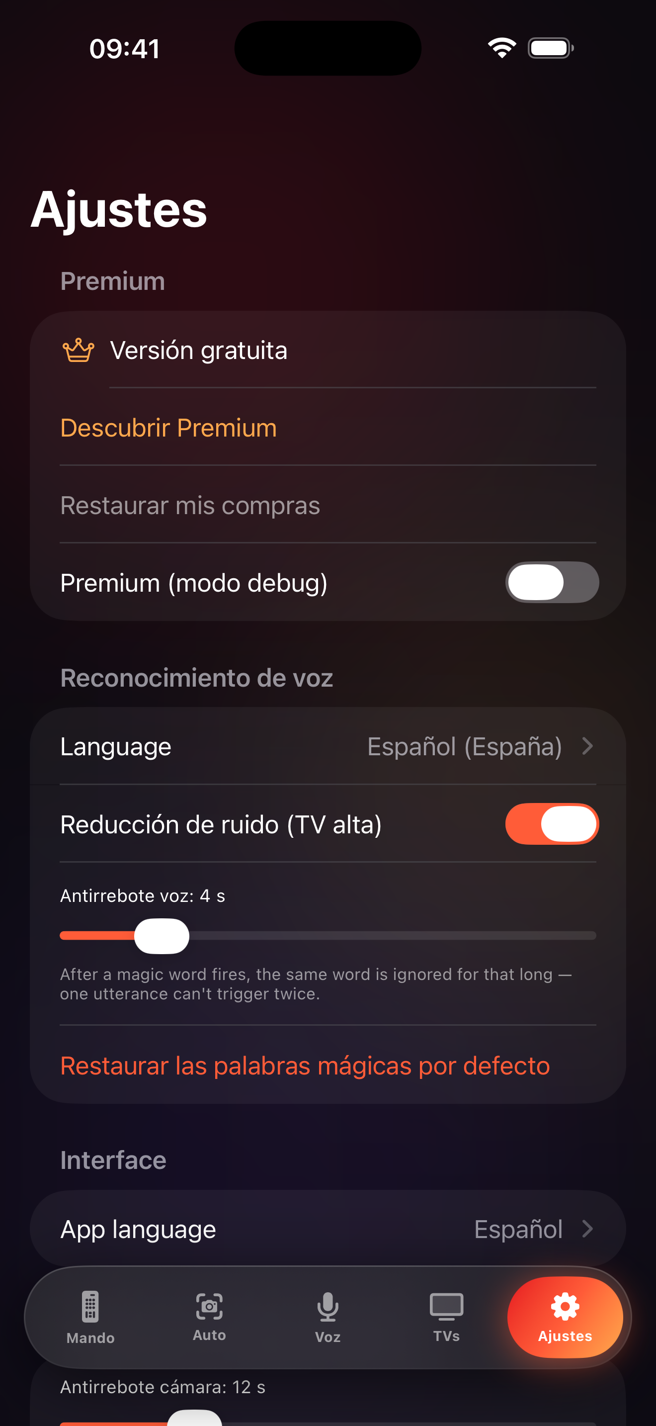 Pantalla de ajustes de LazyBinger