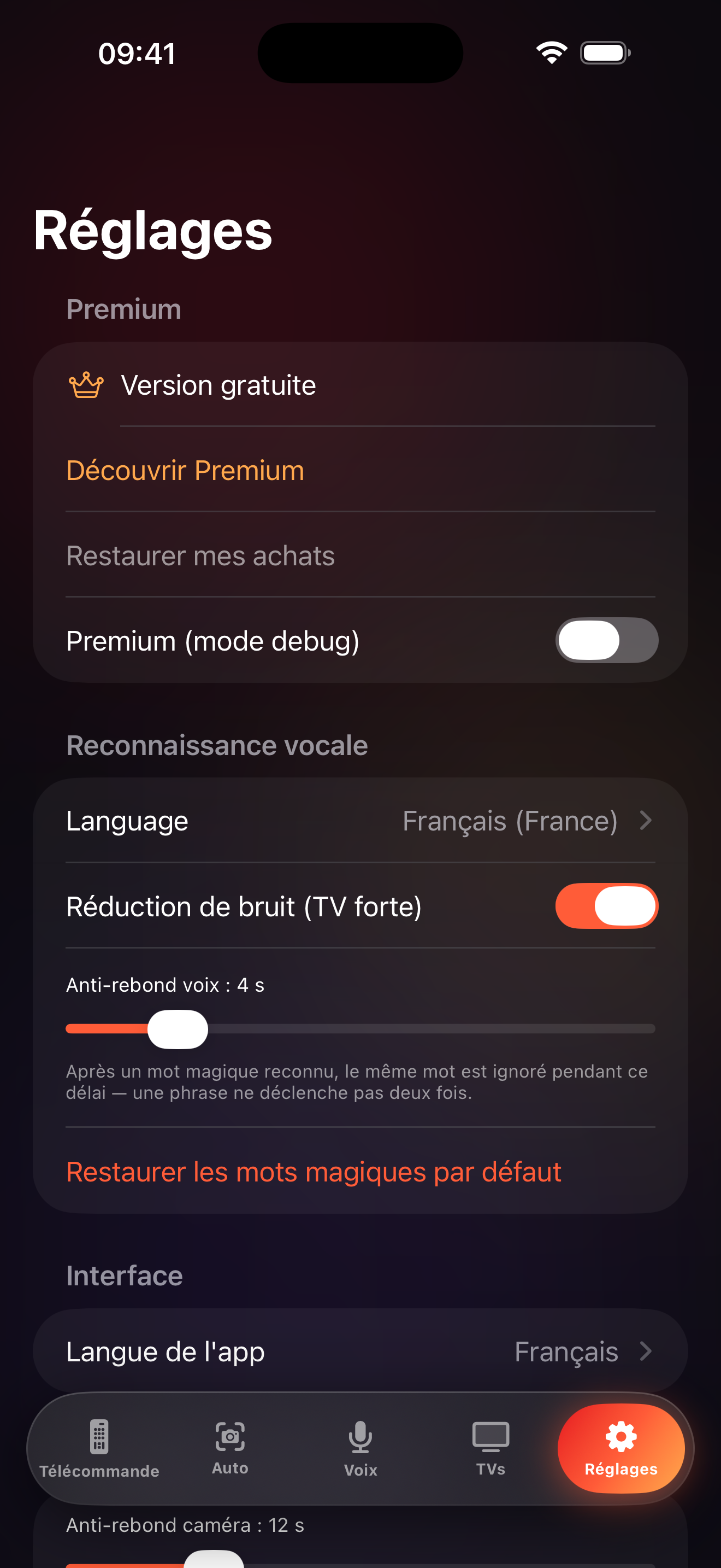 Écran des réglages de LazyBinger