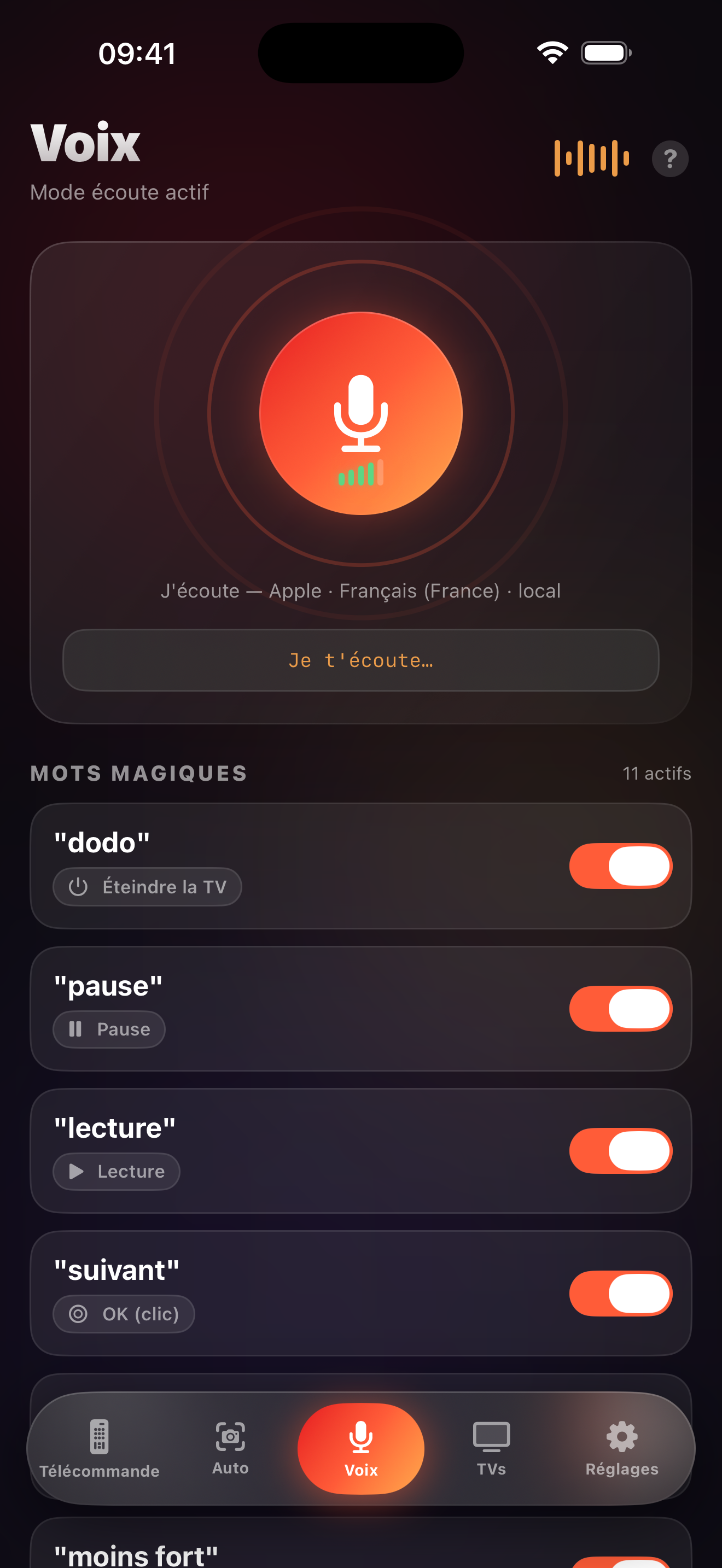 Écran du mode voix de LazyBinger avec les mots magiques
