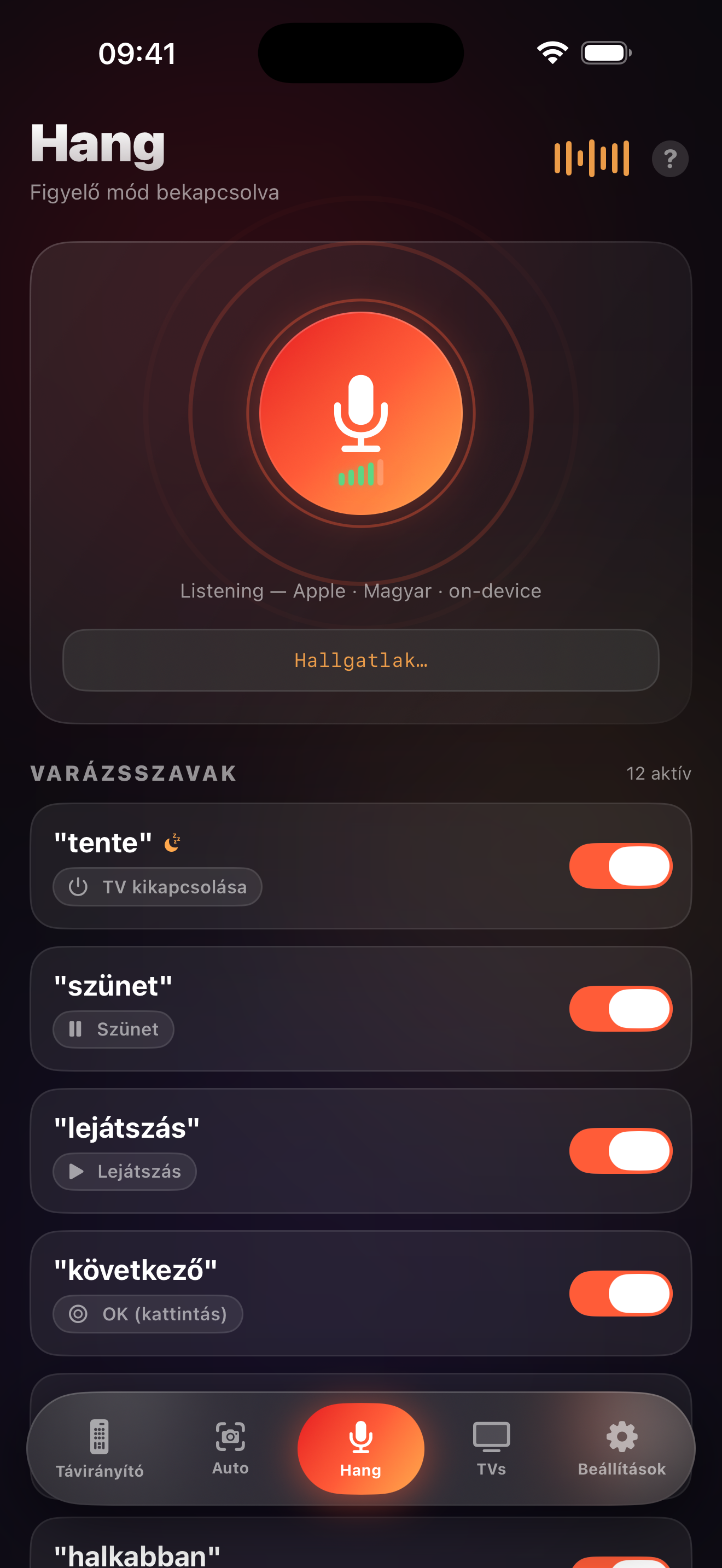 A LazyBinger hangmód-képernyője varázsszavakkal