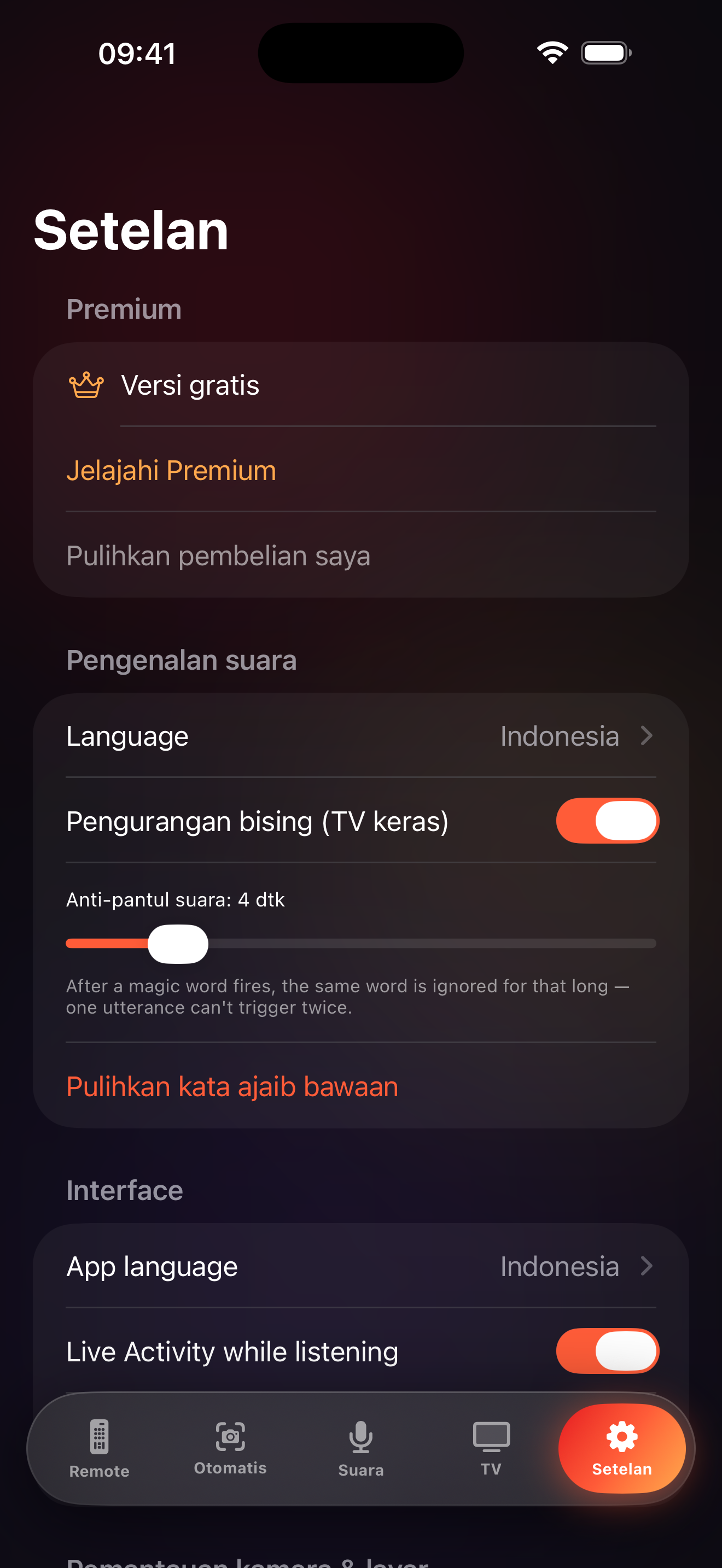 Layar pengaturan LazyBinger