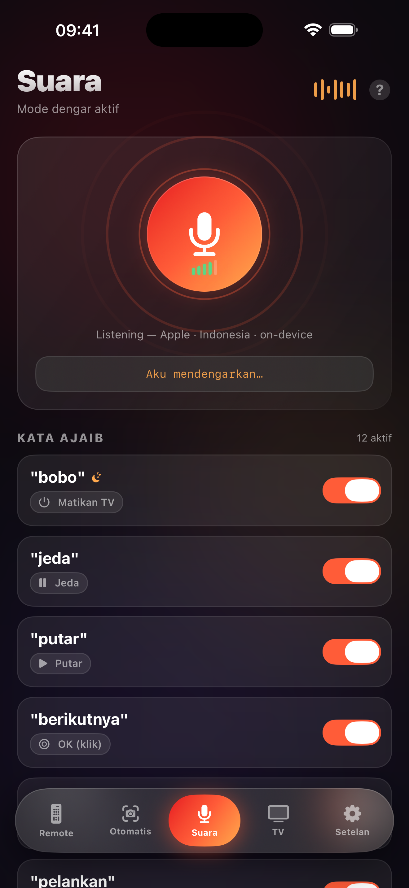 Layar mode suara LazyBinger dengan kata ajaib