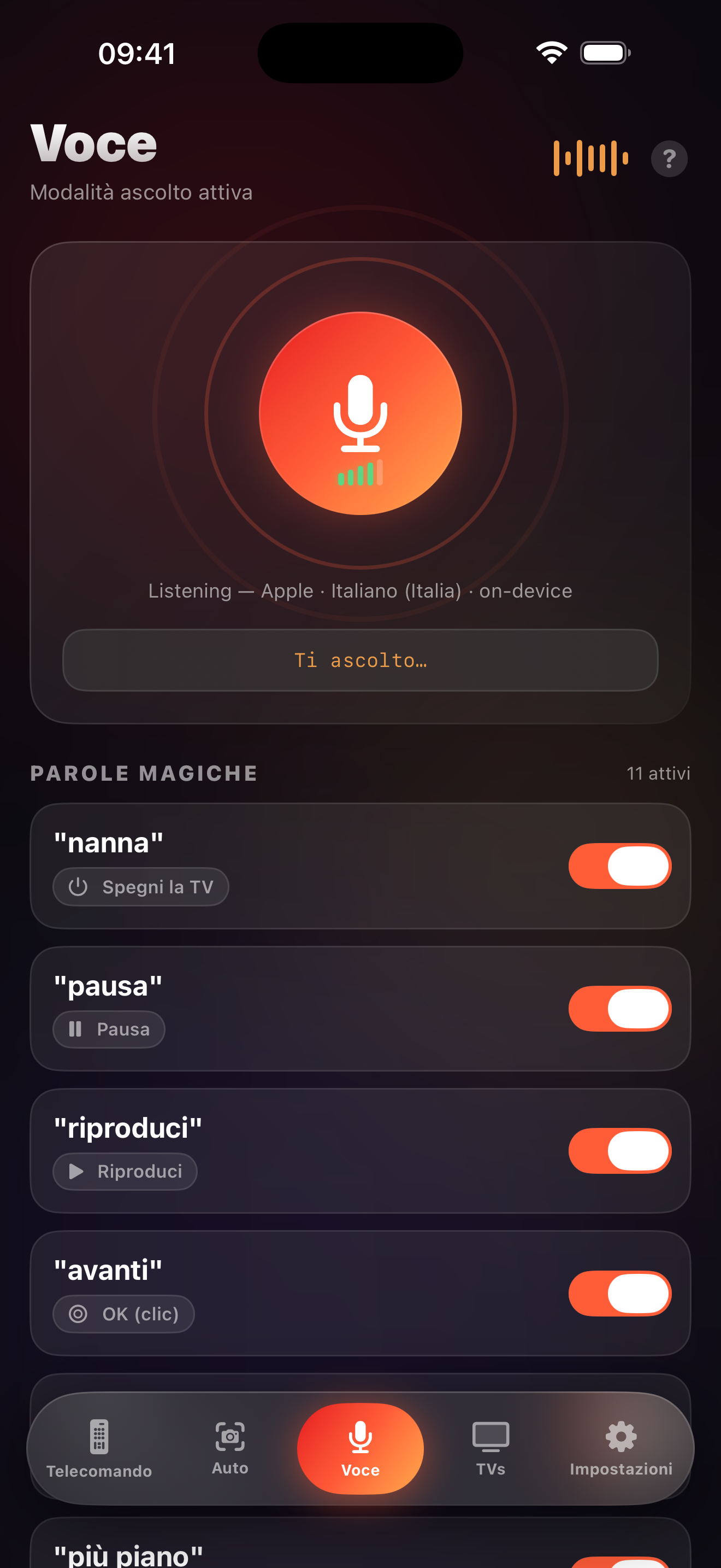 Schermata della modalità voce di LazyBinger con le parole magiche