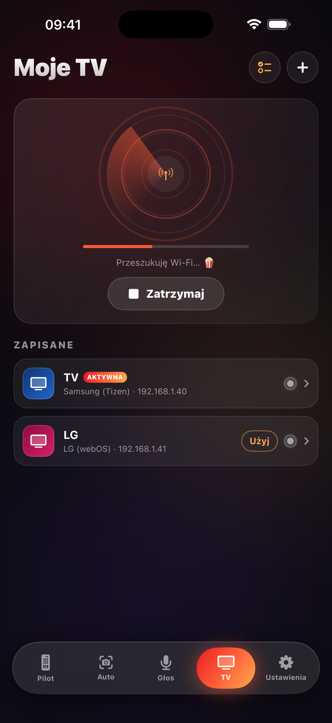 Ekran wykrywania telewizorów LazyBinger