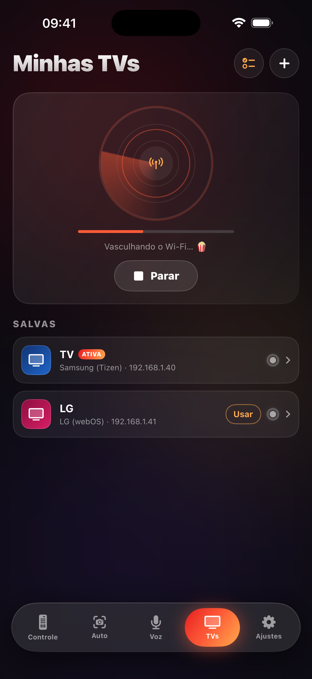 Tela de detecção de TVs do LazyBinger
