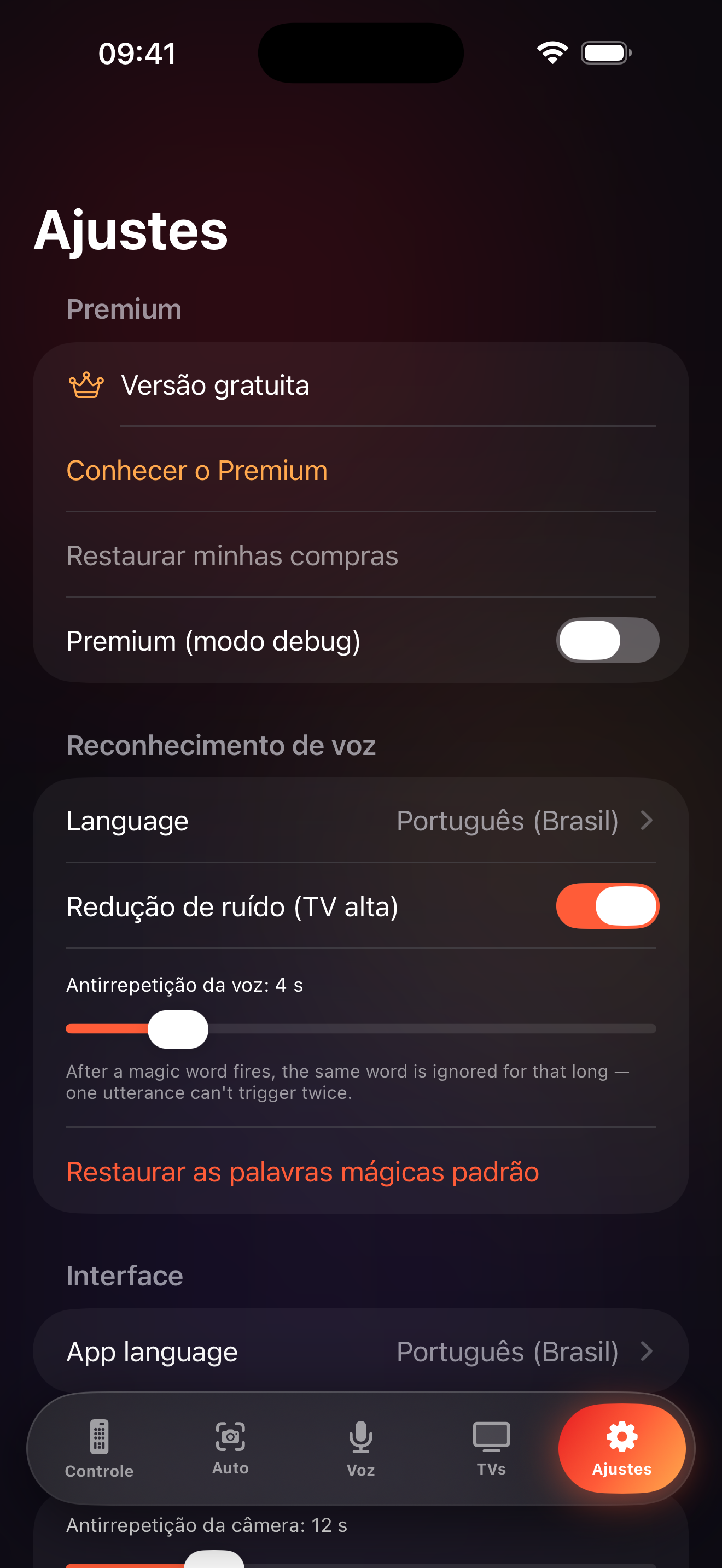 Tela de configurações do LazyBinger