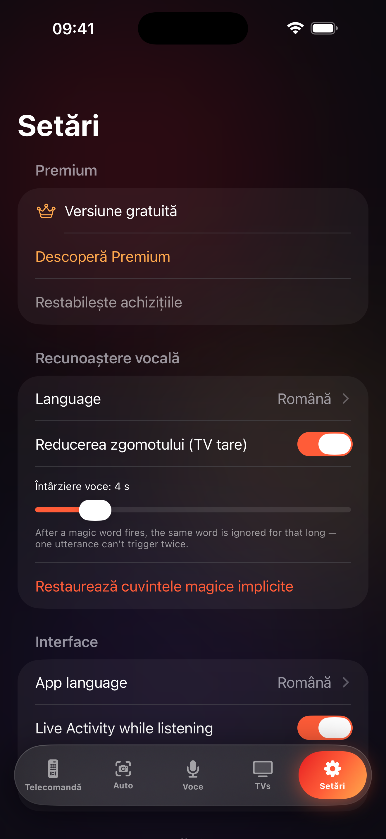 Ecranul de setări LazyBinger