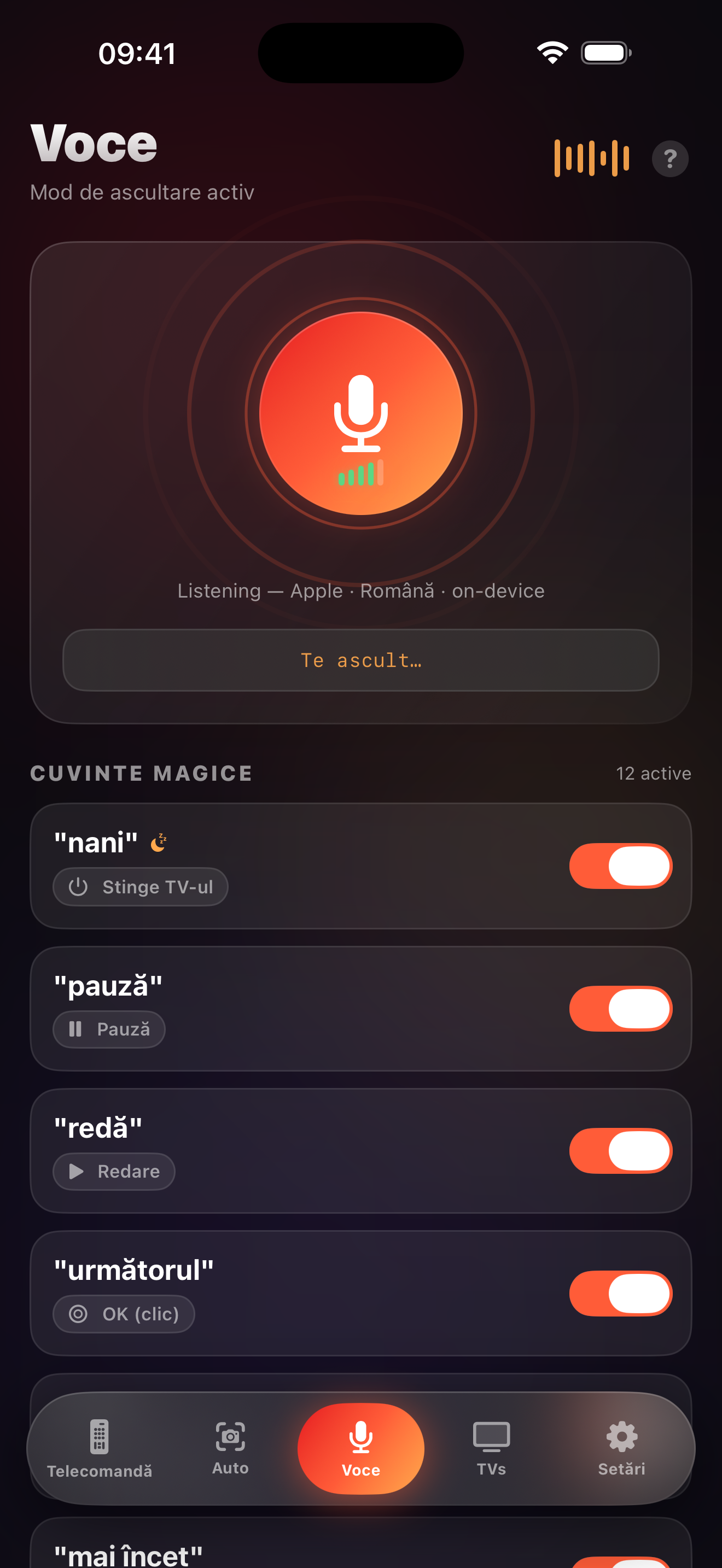Ecranul modului vocal LazyBinger cu cuvinte magice