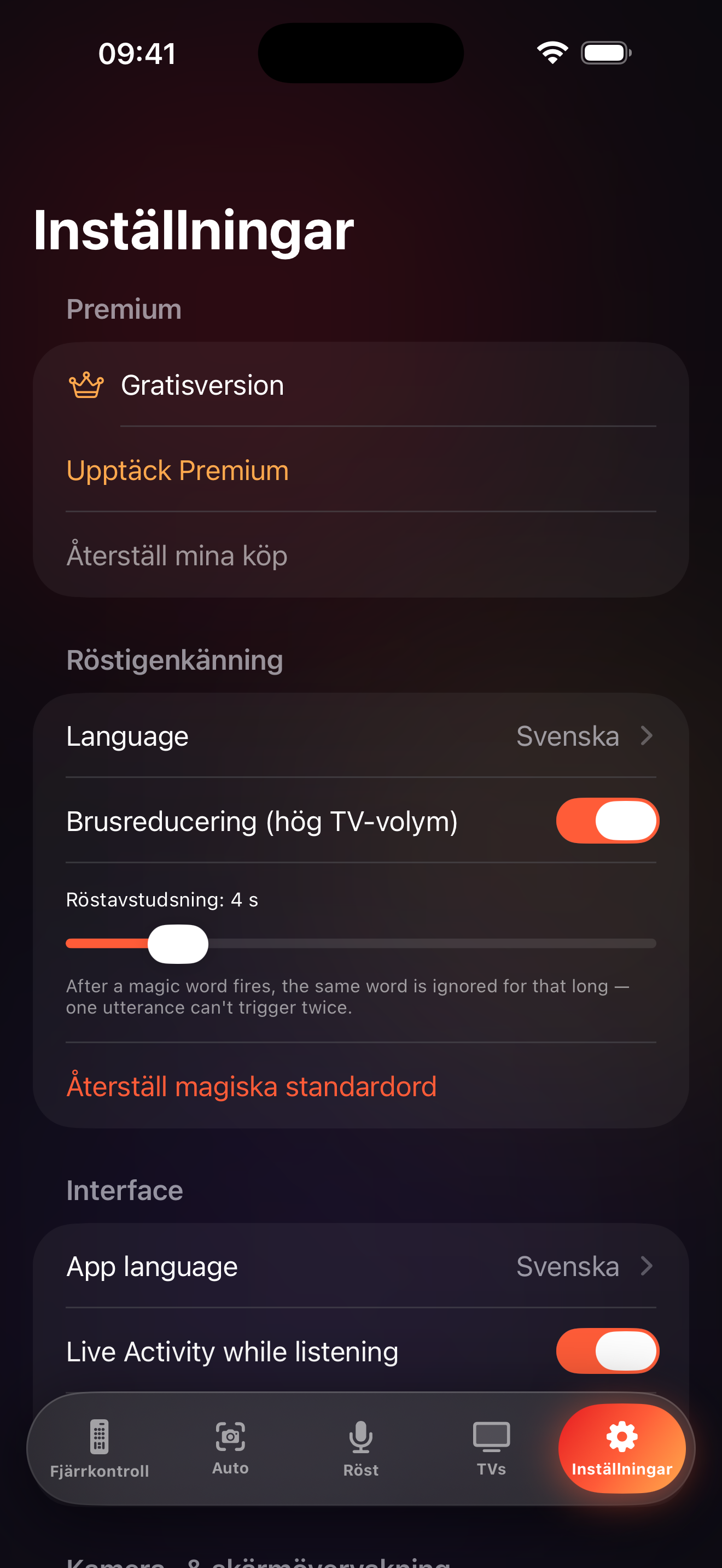 LazyBingers inställningsskärm