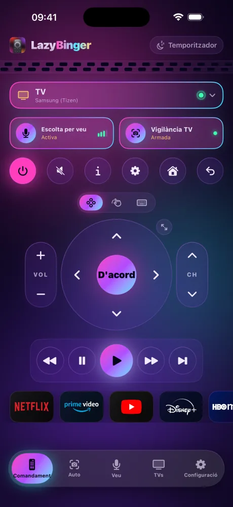 Pantalla del comandament de LazyBinger — Neó