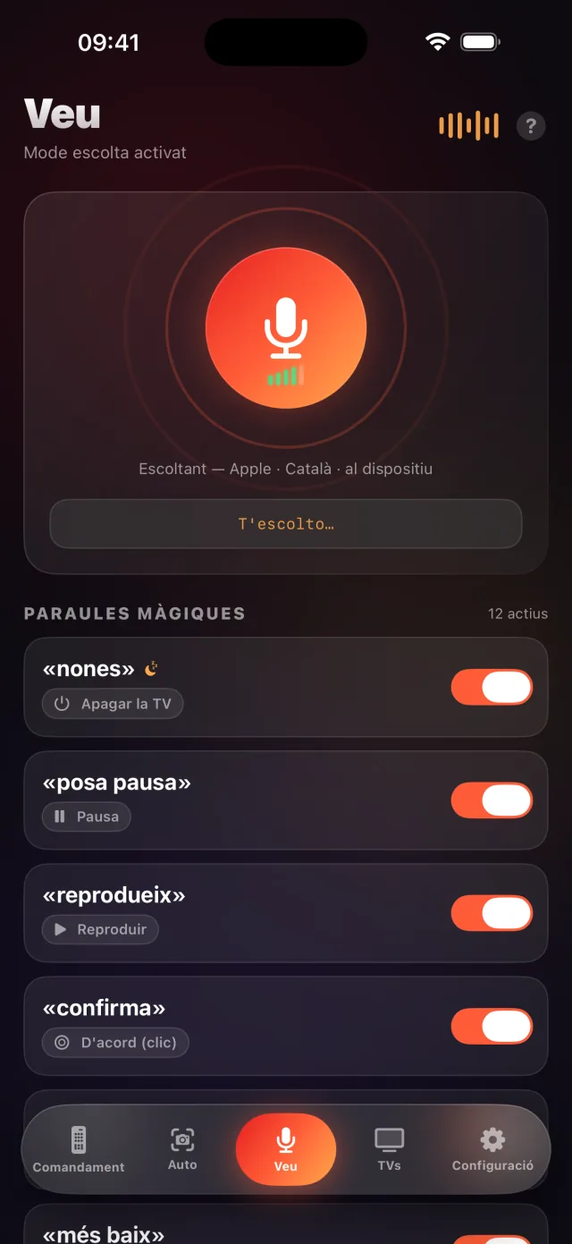 Pantalla del mode veu de LazyBinger amb les paraules màgiques