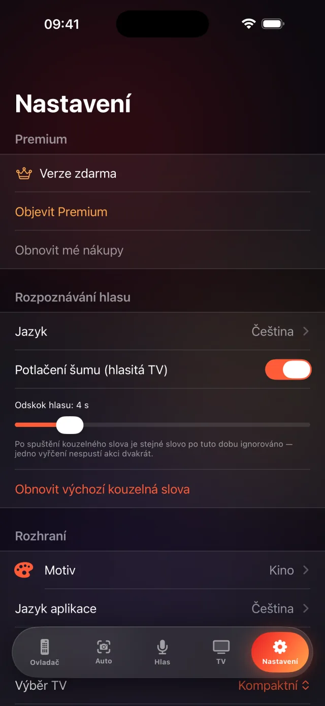 Obrazovka nastavení LazyBinger