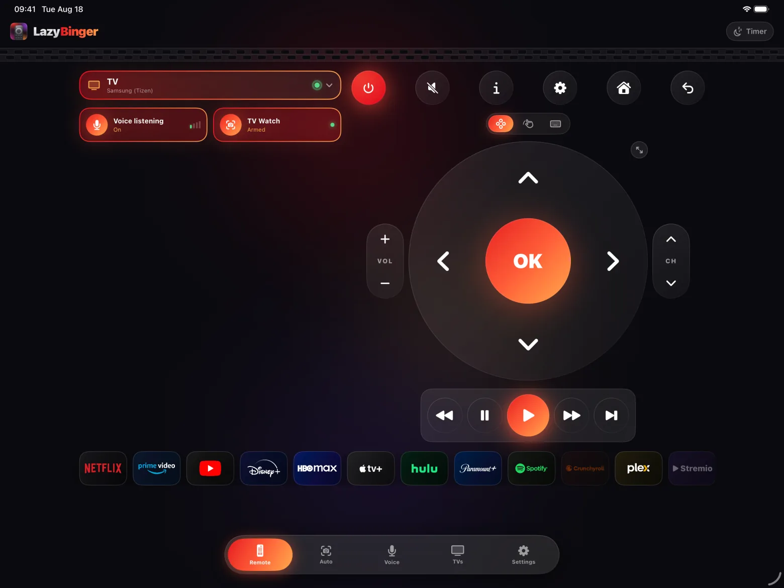 LazyBinger on iPad, landscape: paired TVs and voice on the left, D-pad and apps on the right.
