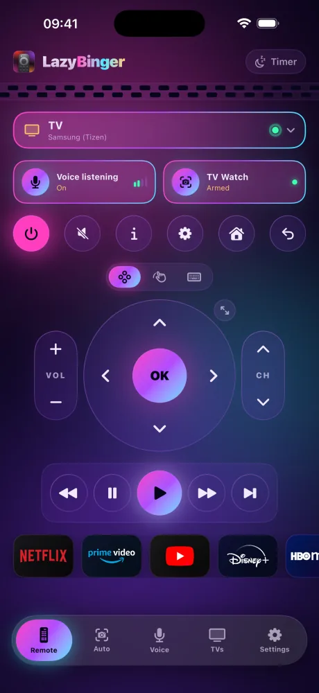 LazyBinger remote screen — Neon