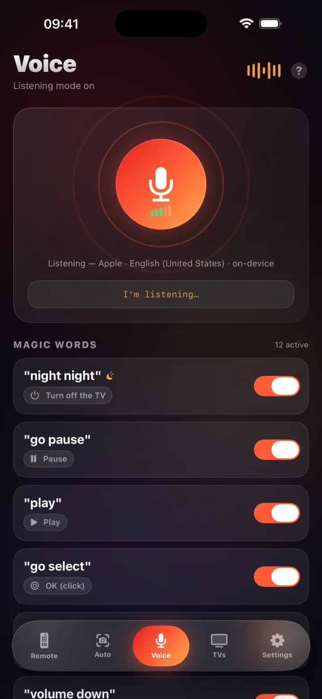 LazyBinger voice mode screen with magic words
