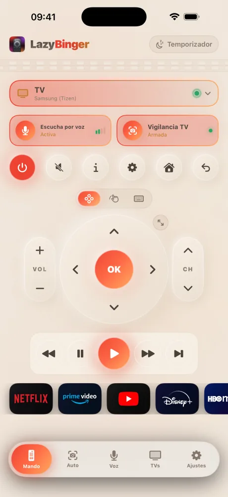 Pantalla del mando de LazyBinger — Champán