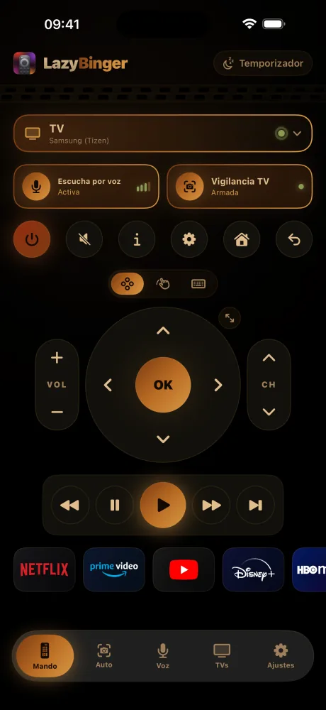 Pantalla del mando de LazyBinger — Luz nocturna