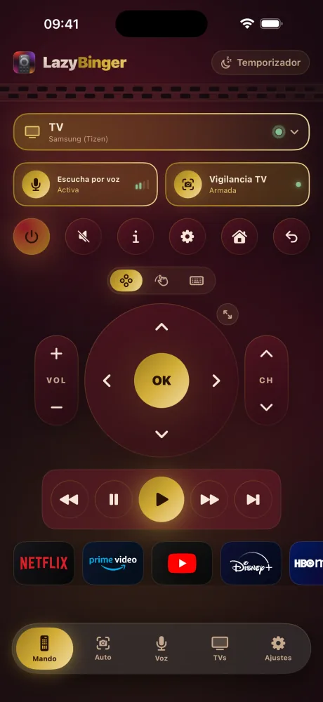 Pantalla del mando de LazyBinger — Terciopelo