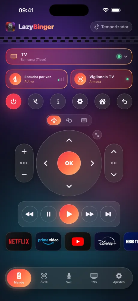 Pantalla del mando de LazyBinger — Cristal ahumado