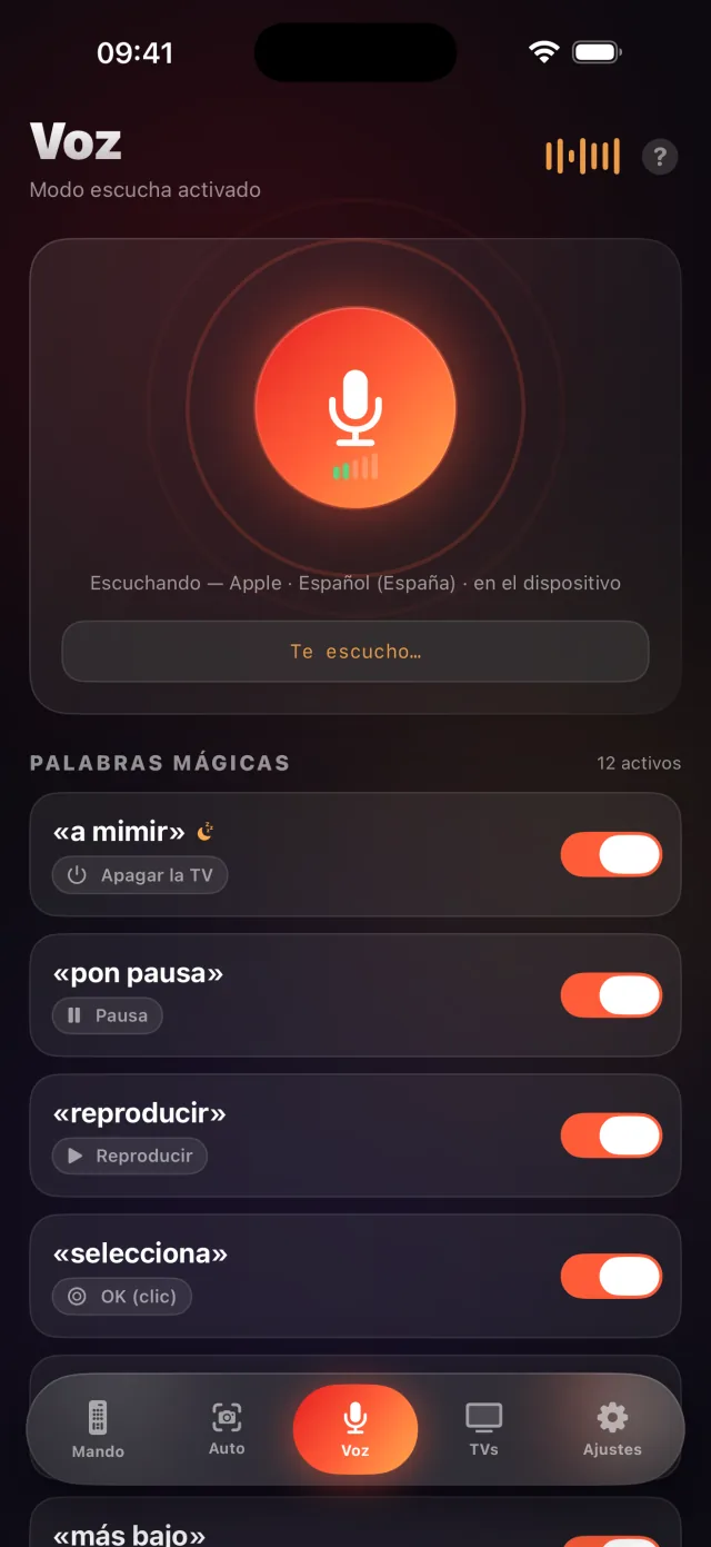 Pantalla del modo voz de LazyBinger con las palabras mágicas