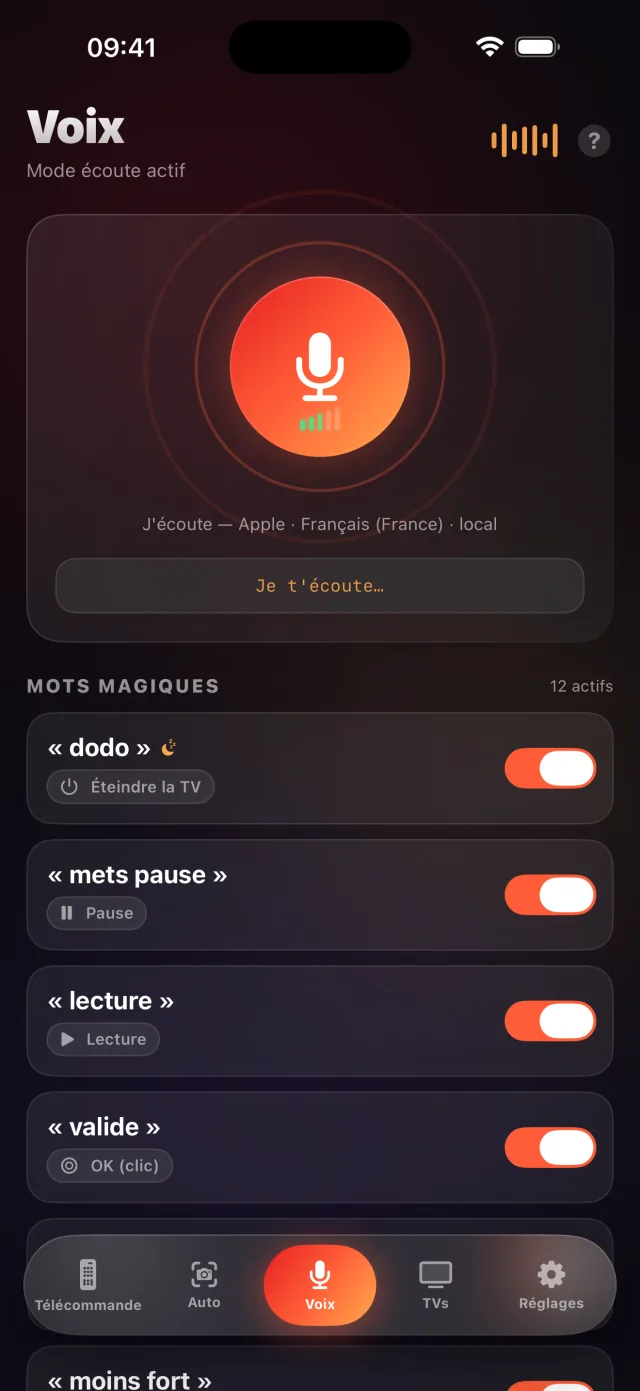 Écran du mode voix de LazyBinger avec les mots magiques