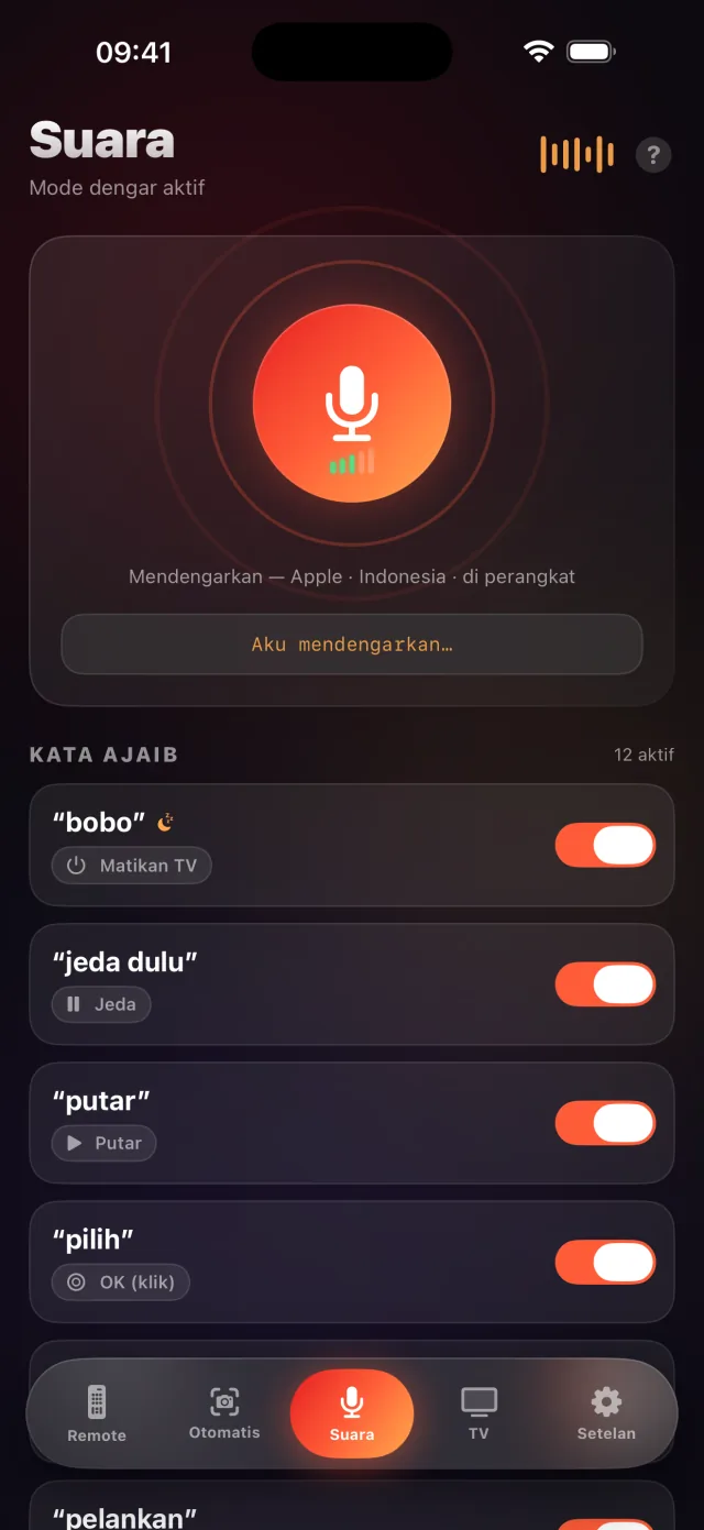 Layar mode suara LazyBinger dengan kata ajaib