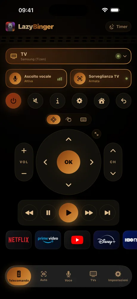 Schermata del telecomando LazyBinger — Luce notturna