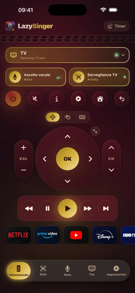 Schermata del telecomando LazyBinger — Velluto