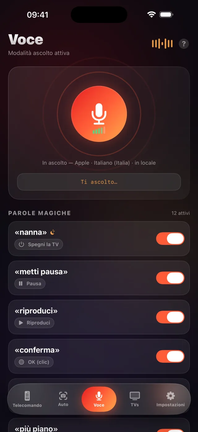 Schermata della modalità voce di LazyBinger con le parole magiche