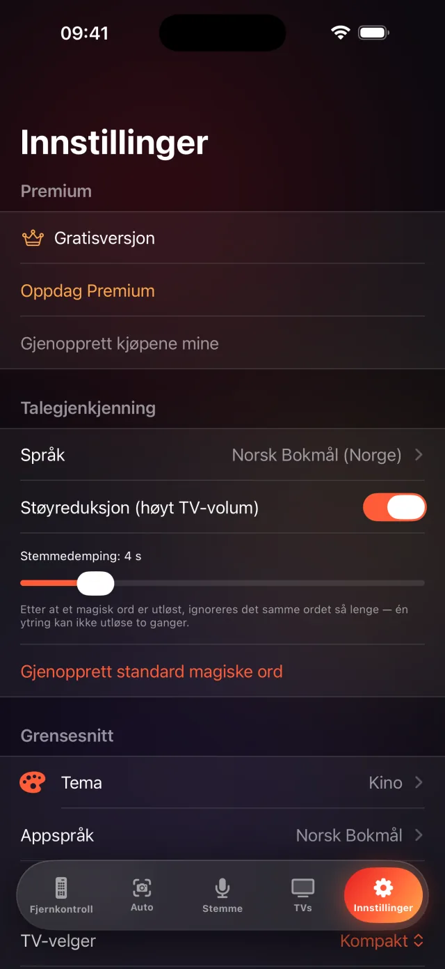 LazyBinger innstillingsskjerm