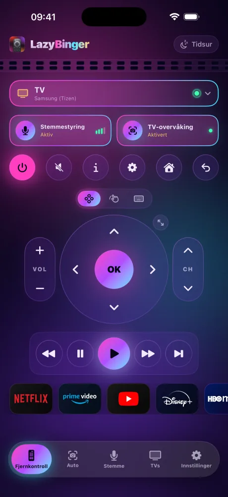 Fjernkontrollskjermen i LazyBinger — Neon