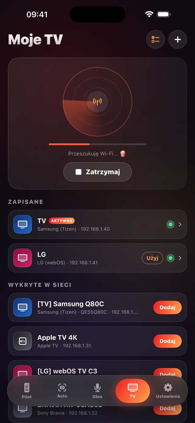 Ekran wykrywania telewizorów LazyBinger