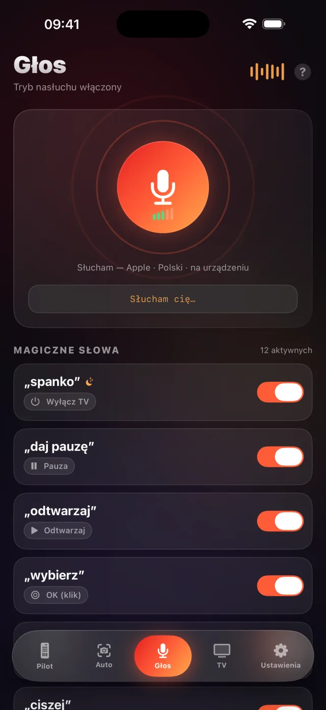 Ekran trybu głosowego LazyBinger z magicznymi słowami