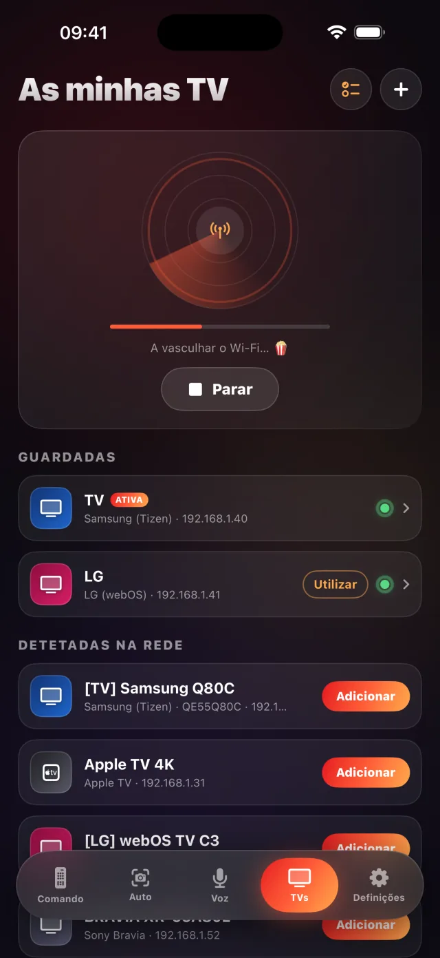 Ecrã de deteção de TVs do LazyBinger