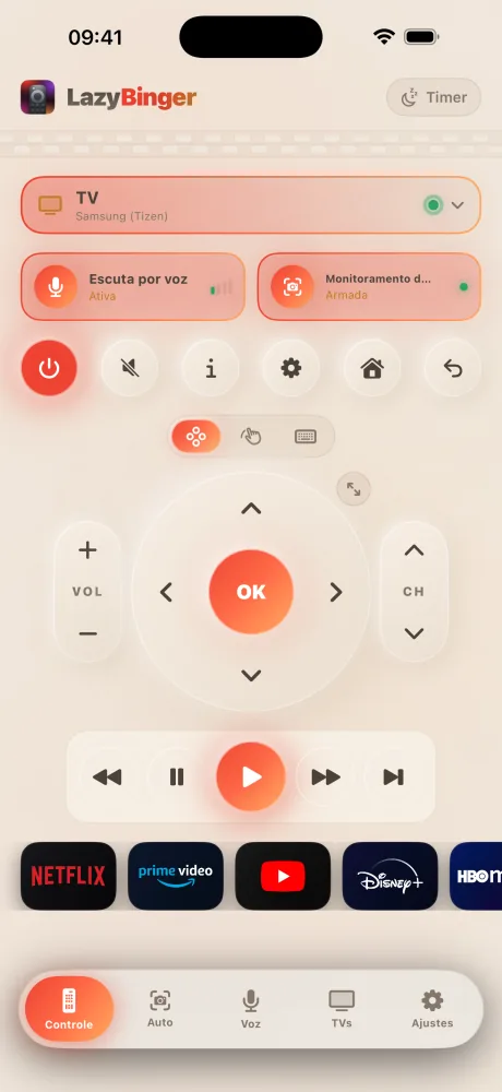 Tela do controle do LazyBinger — Champanhe