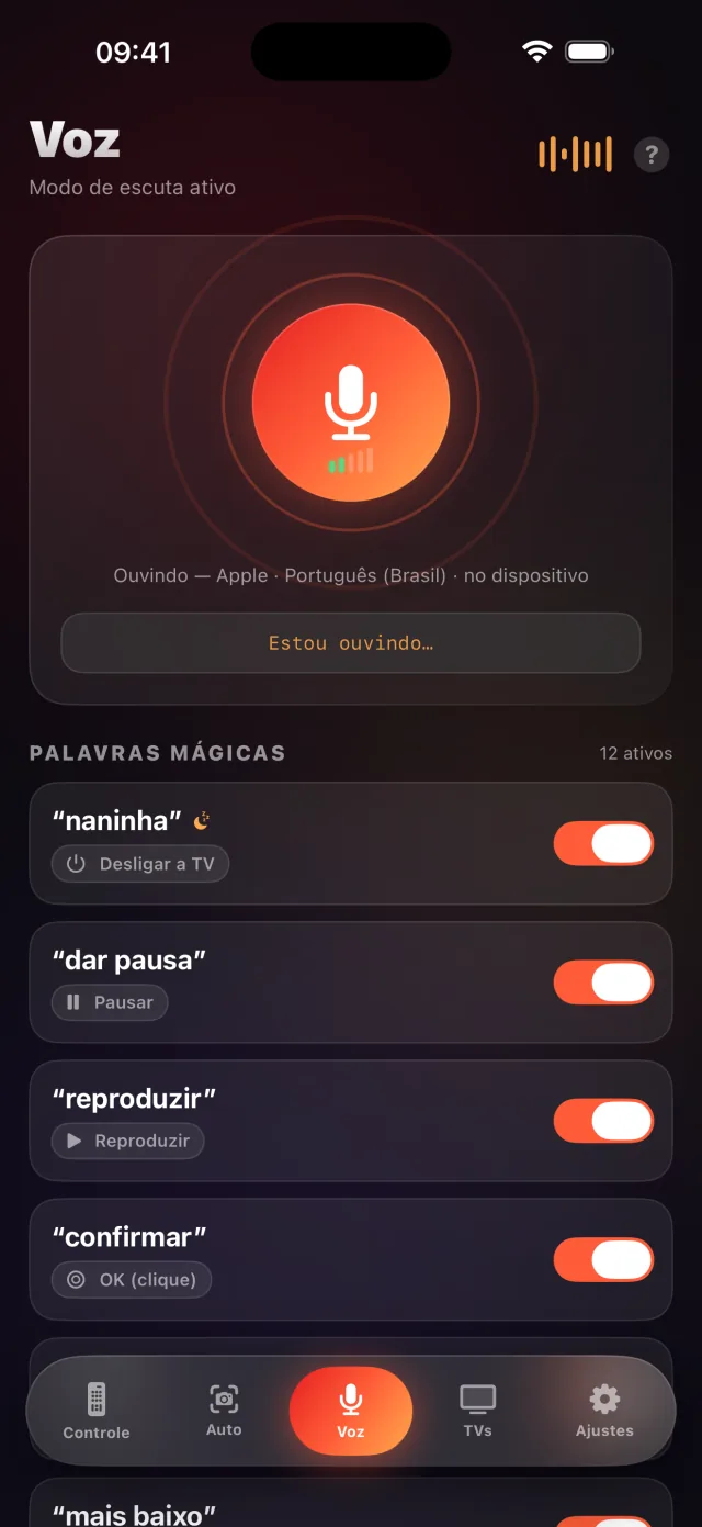 Tela do modo voz do LazyBinger com as palavras mágicas