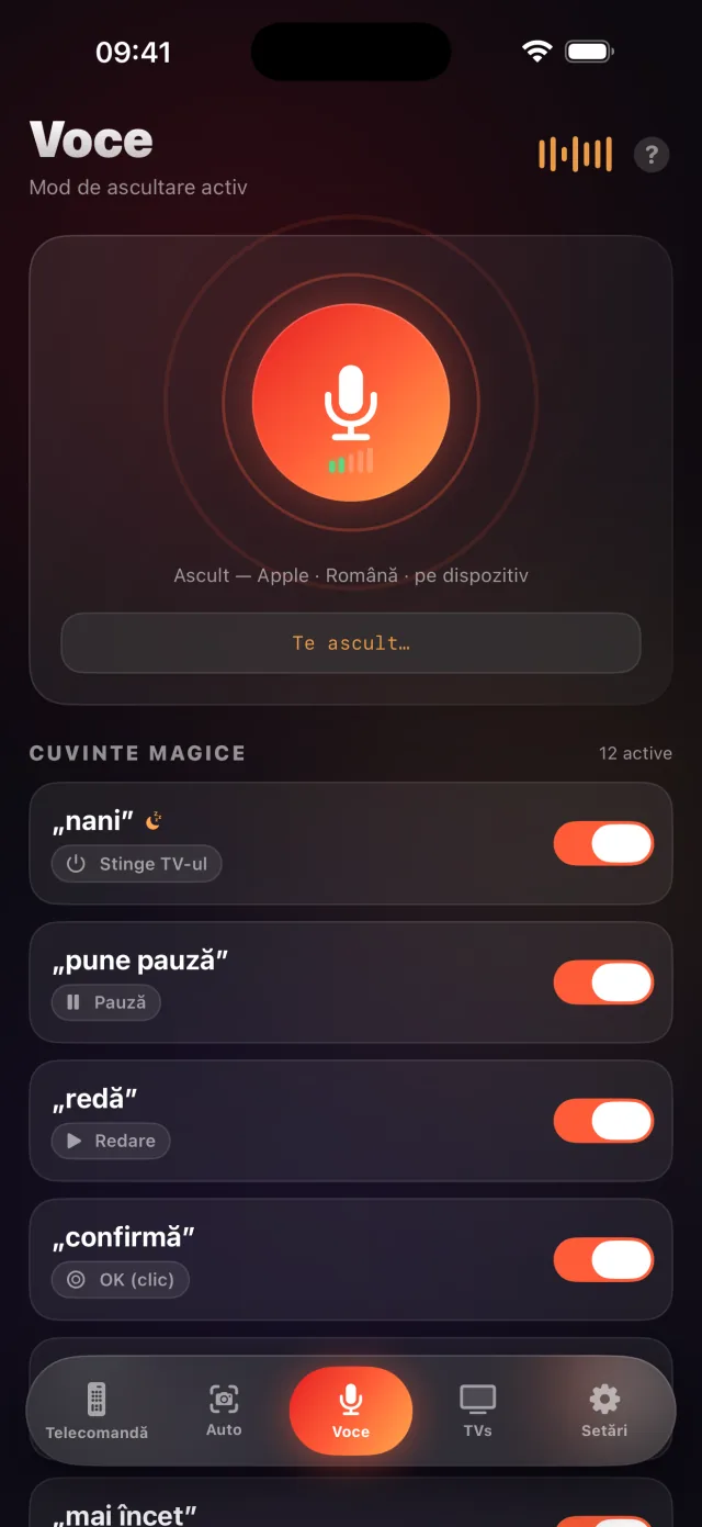 Ecranul modului vocal LazyBinger cu cuvinte magice