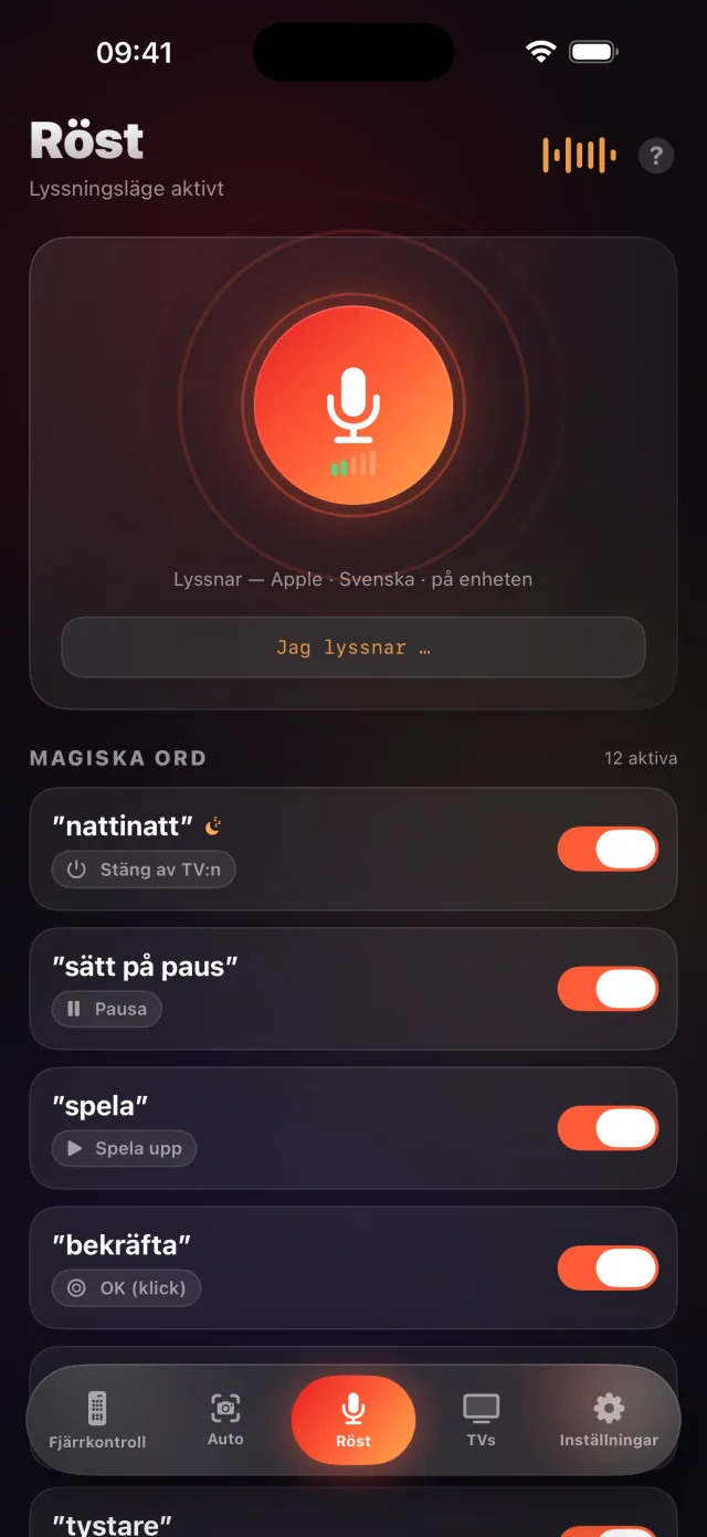 LazyBingers röstlägesskärm med magiska ord
