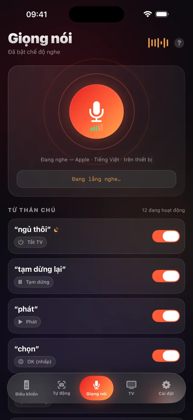 Màn hình chế độ giọng nói LazyBinger với câu thần chú