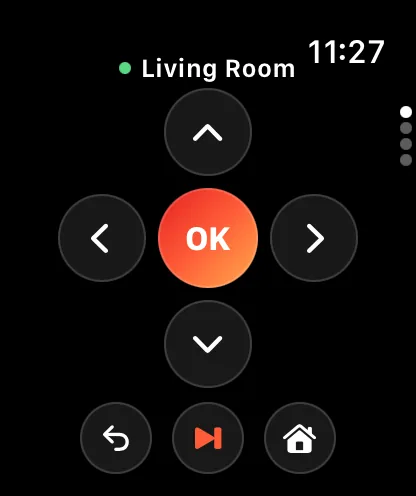 Mando de LazyBinger en un Apple Watch, mostrando el D-pad y el botón OK